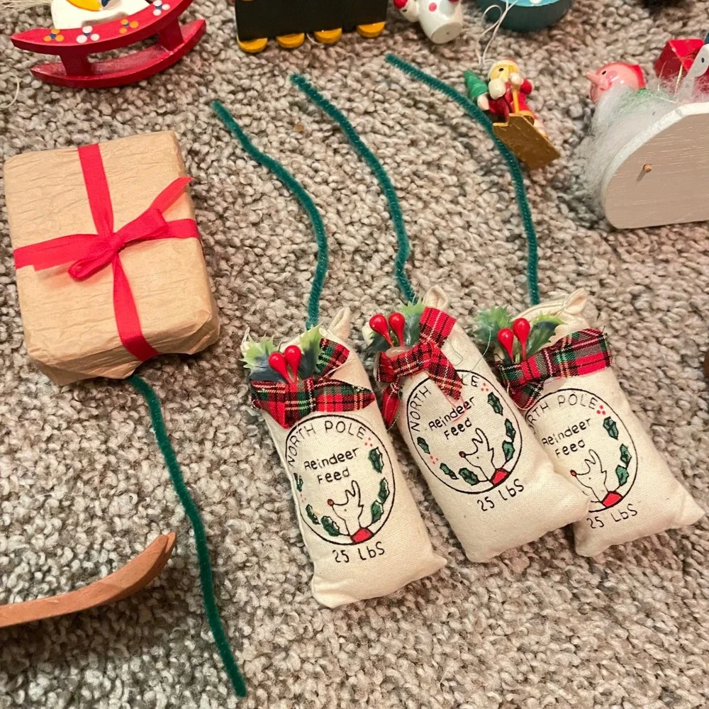 Vtg kitschy 70s plush Wooden felt ceramic Christmas‎ Tree Ornament lot 32 taiwan